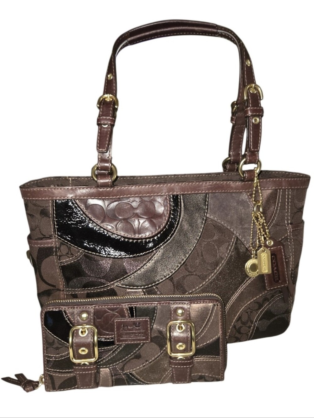 Coach Mosaic Signature Patchwork Shoulder Bag/ Zip Around Wallet Matching Set